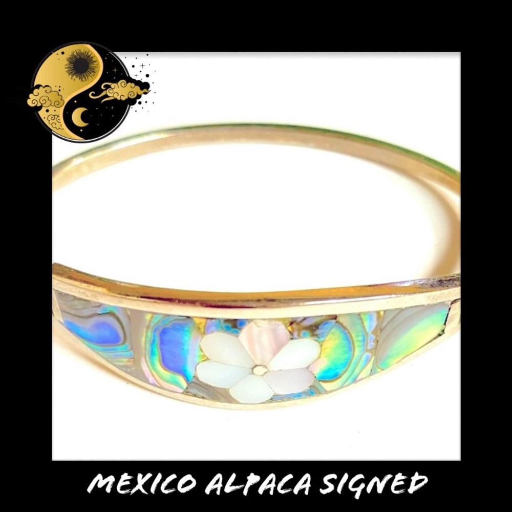 🔴 Vintage Mexico Alpaca Abalone MOP Hinge  Bracelet